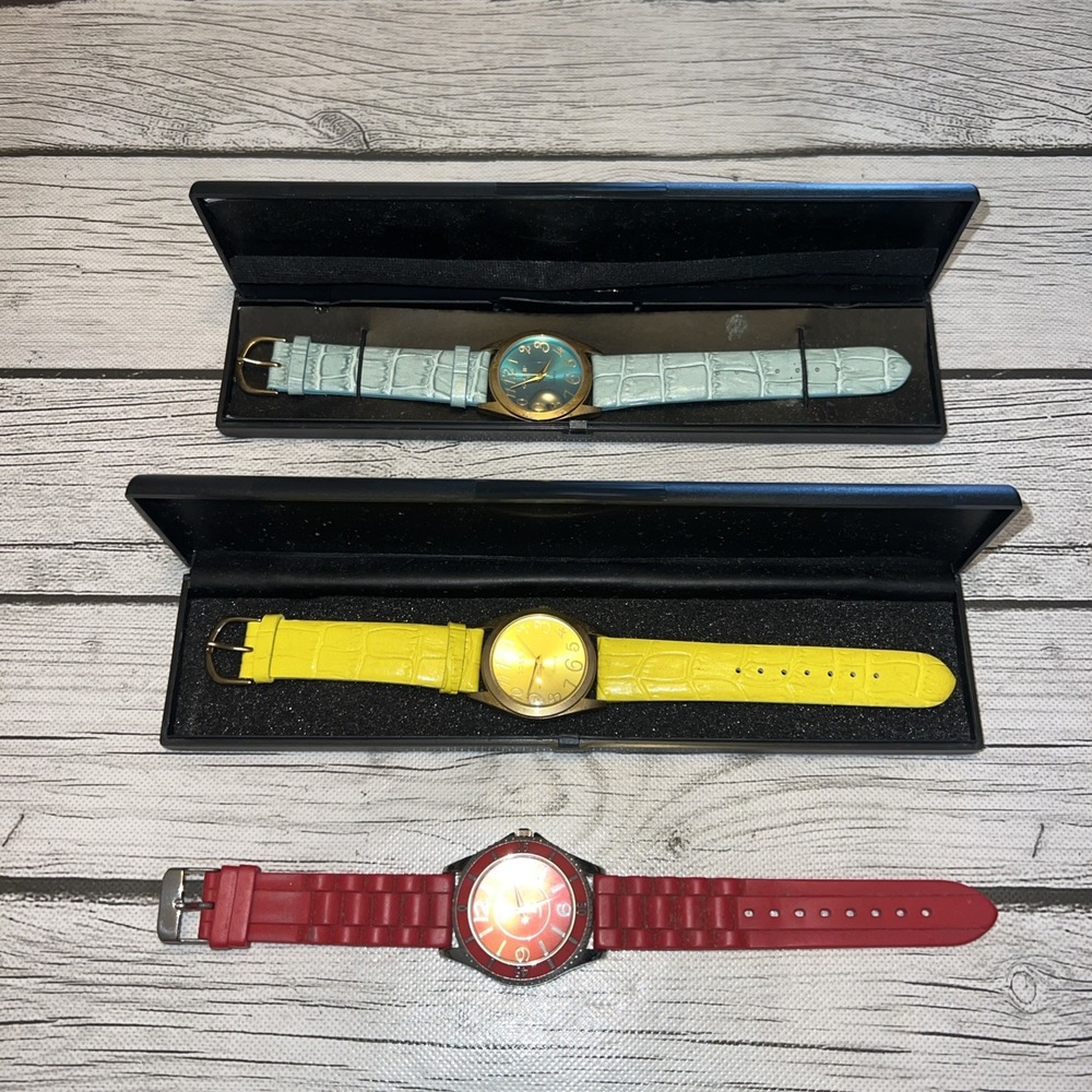Lot Of 3 Women's Gossip Watches, Leather Bands, Blue And Yellow In Case And Red